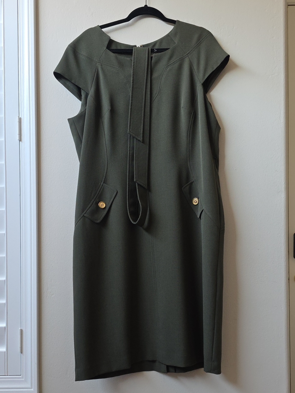Kasper Olive Sheath Dress with Neck Tie